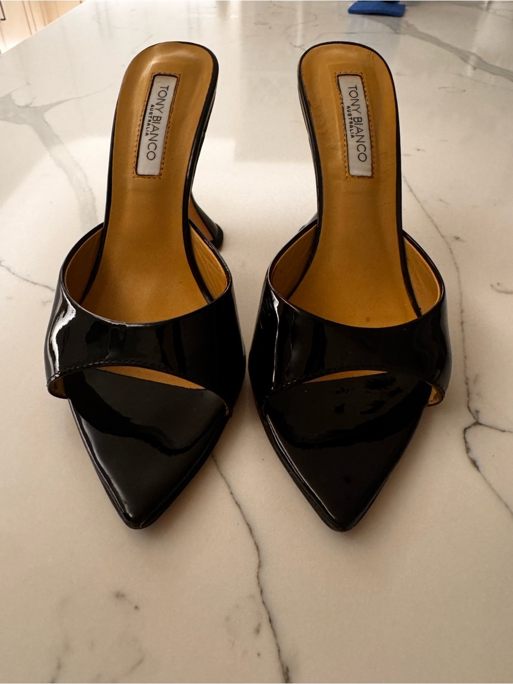 Tony Bianco Black Patent Pointed-Toe Mule Heels Size 6